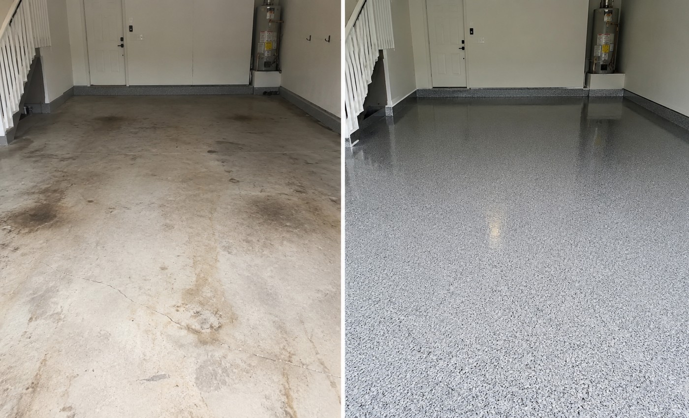 Before and after epoxy floor transformation
