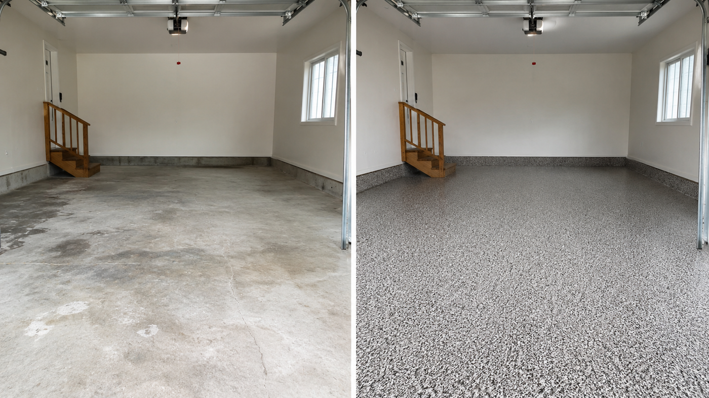 Before and after epoxy floor transformation
