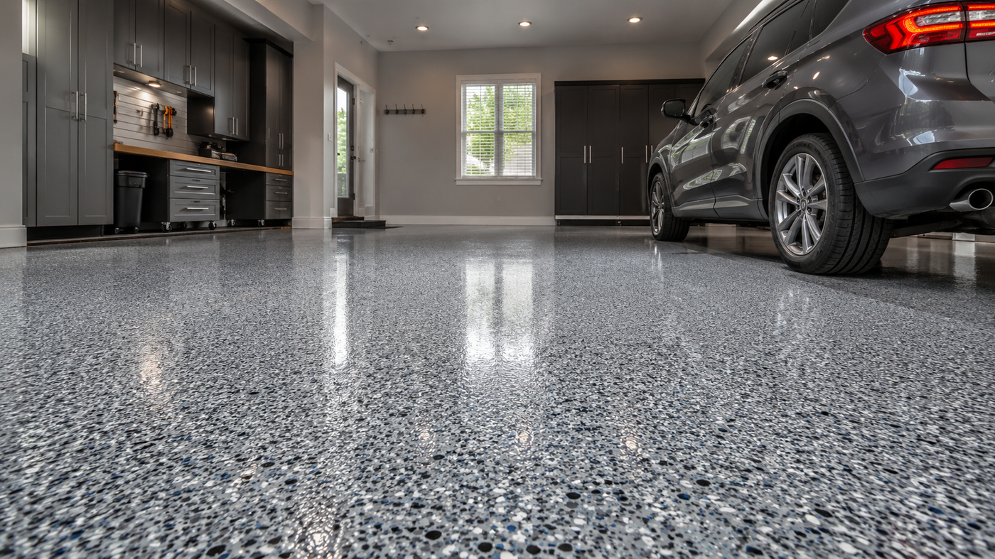 Glossy decorative epoxy floor coating in a modern concrete space