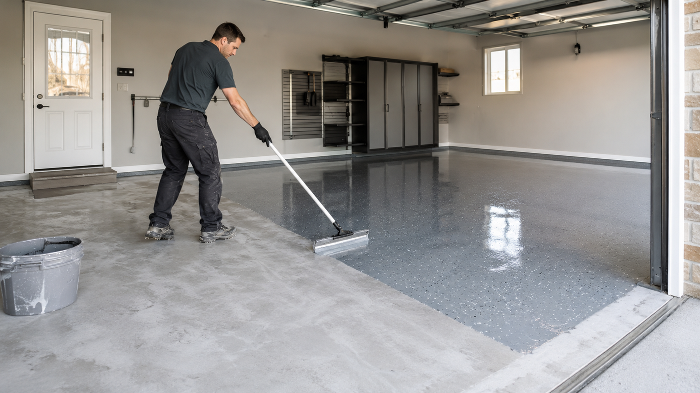 Technician applying epoxy floor coating in a garage